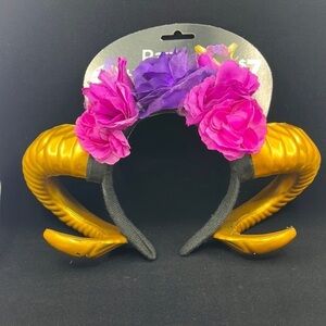 Unleash Your Inner Goddess:‎ Majestic Ram Gold Horn Purple Flower Headpiece!